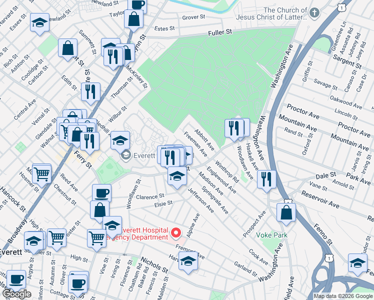map of restaurants, bars, coffee shops, grocery stores, and more near 55 Adams Avenue in Everett
