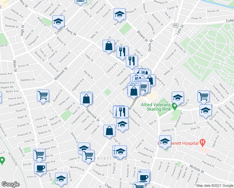 map of restaurants, bars, coffee shops, grocery stores, and more near 102 Glendale Street in Everett