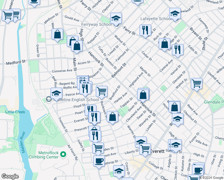 map of restaurants, bars, coffee shops, grocery stores, and more near 116 Bradford Street in Everett