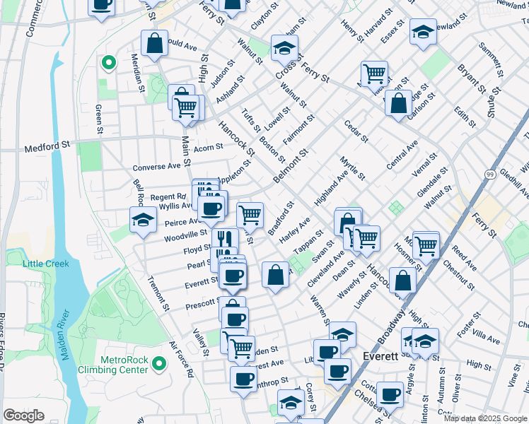 map of restaurants, bars, coffee shops, grocery stores, and more near 71 Belmont Street in Everett