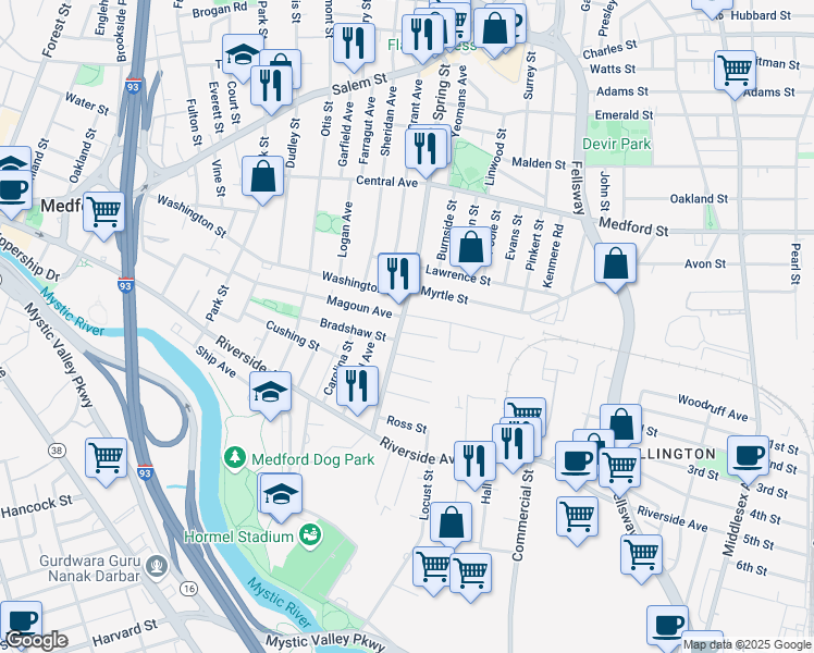 map of restaurants, bars, coffee shops, grocery stores, and more near 89 Spring Street in Medford