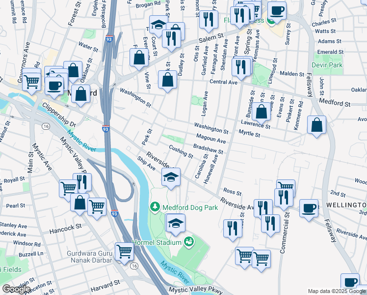 map of restaurants, bars, coffee shops, grocery stores, and more near 49 Pembroke Street in Medford