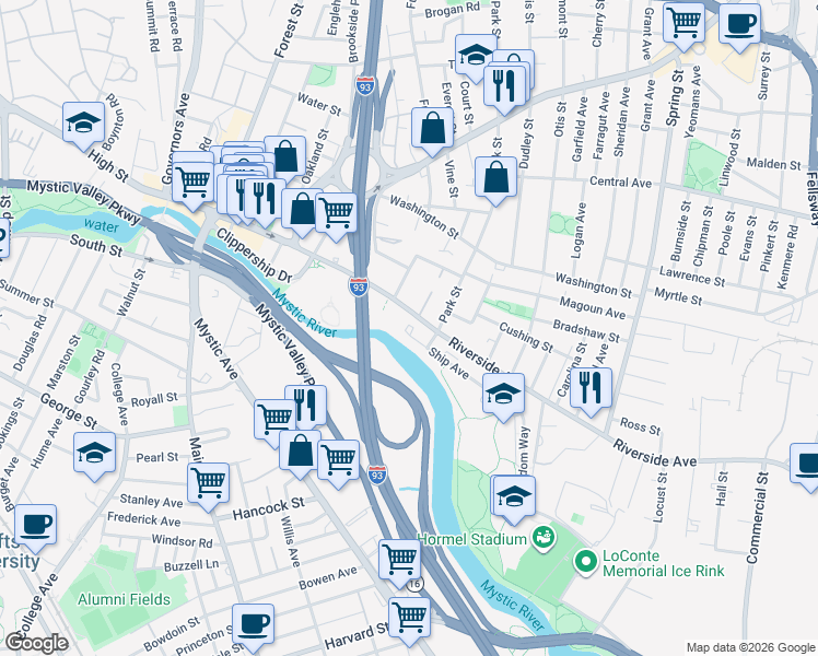 map of restaurants, bars, coffee shops, grocery stores, and more near 5 Cudworth Street in Medford