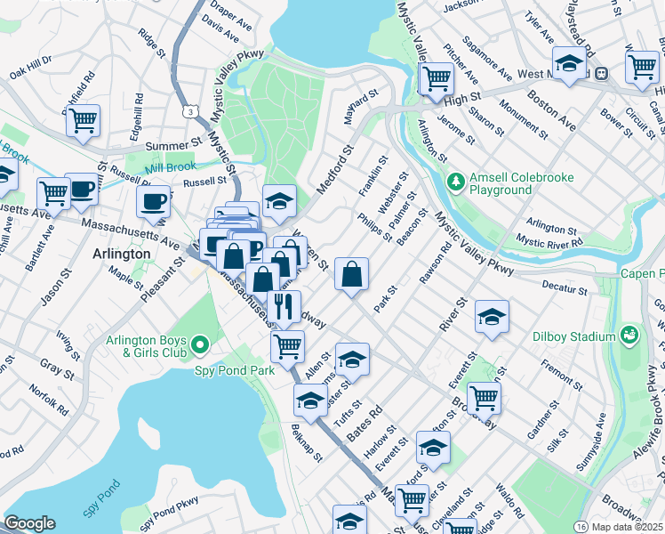 map of restaurants, bars, coffee shops, grocery stores, and more near 71 Franklin Street in Arlington