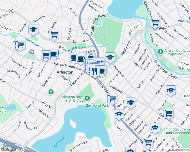 map of restaurants, bars, coffee shops, grocery stores, and more near 3 Park Terrace in Arlington