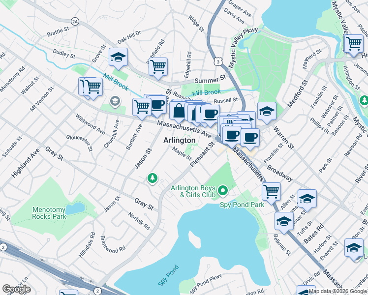 map of restaurants, bars, coffee shops, grocery stores, and more near 680 Massachusetts Avenue in Arlington