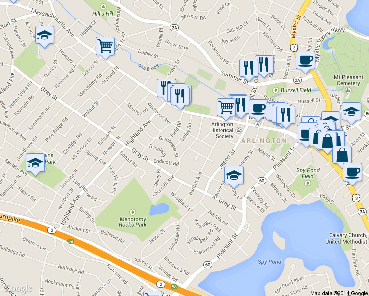 map of restaurants, bars, coffee shops, grocery stores, and more near 48 Wildwood Avenue in Arlington