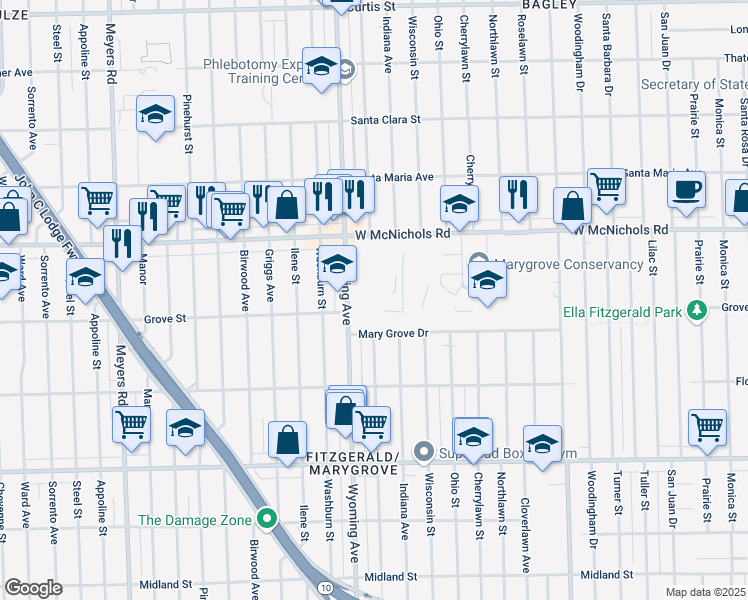 map of restaurants, bars, coffee shops, grocery stores, and more near 16800 Wyoming Avenue in Detroit