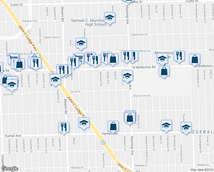 map of restaurants, bars, coffee shops, grocery stores, and more near 16876 Griggs Avenue in Detroit