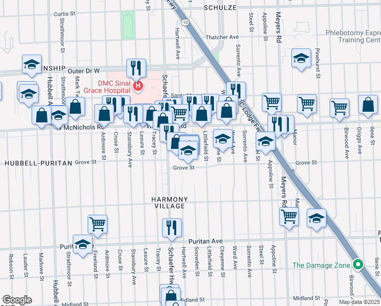 map of restaurants, bars, coffee shops, grocery stores, and more near 16885 Snowden Street in Detroit