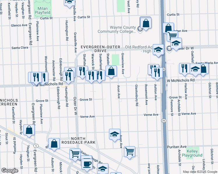 map of restaurants, bars, coffee shops, grocery stores, and more near 18932 West McNichols Road in Detroit