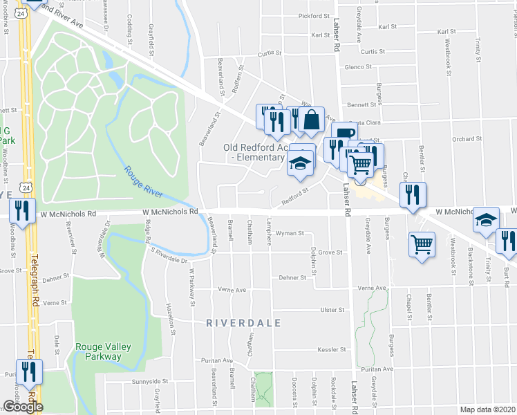 map of restaurants, bars, coffee shops, grocery stores, and more near 22489 Argus in Detroit