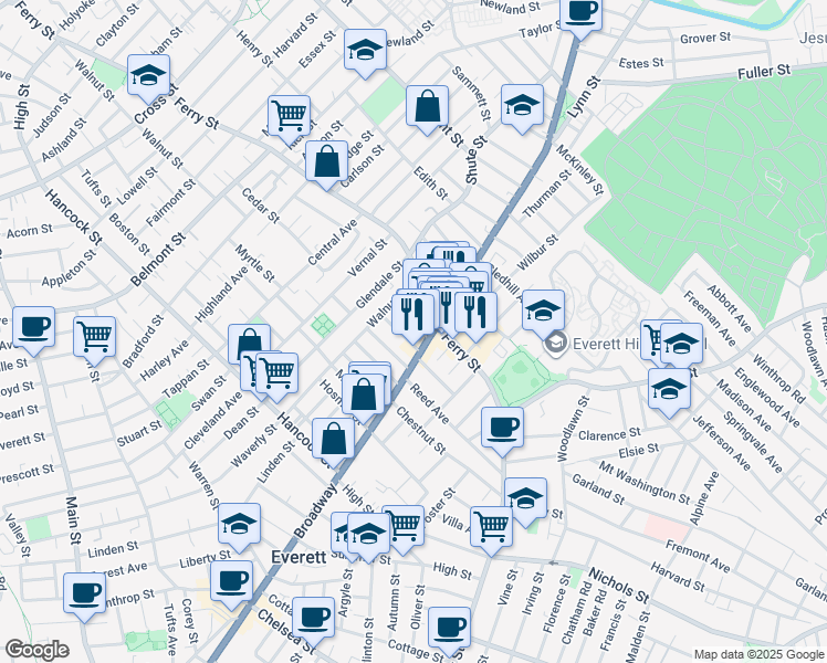 map of restaurants, bars, coffee shops, grocery stores, and more near 368 Ferry Street in Everett