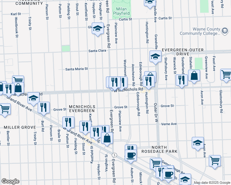 map of restaurants, bars, coffee shops, grocery stores, and more near in Detroit