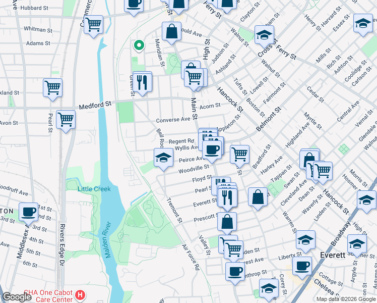map of restaurants, bars, coffee shops, grocery stores, and more near 10 Regent Road in Malden