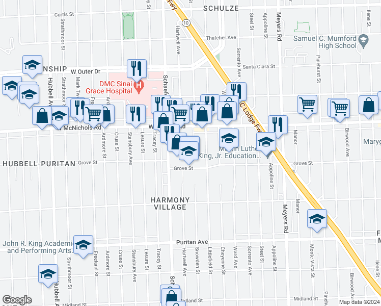map of restaurants, bars, coffee shops, grocery stores, and more near 16885 Snowden Street in Detroit