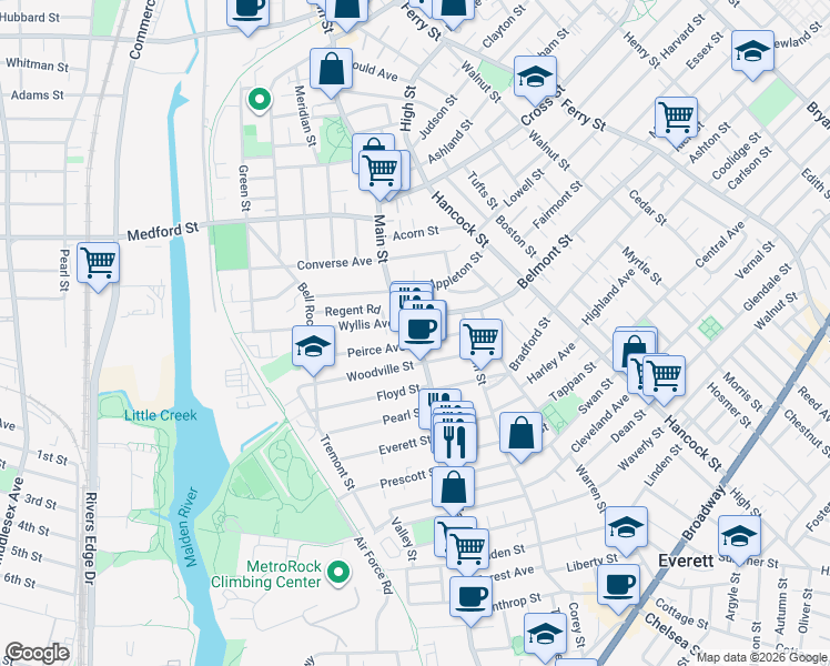 map of restaurants, bars, coffee shops, grocery stores, and more near 415 Main Street in Everett