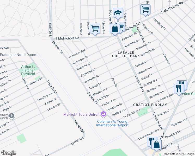 map of restaurants, bars, coffee shops, grocery stores, and more near 11210 Nashville Street in Detroit