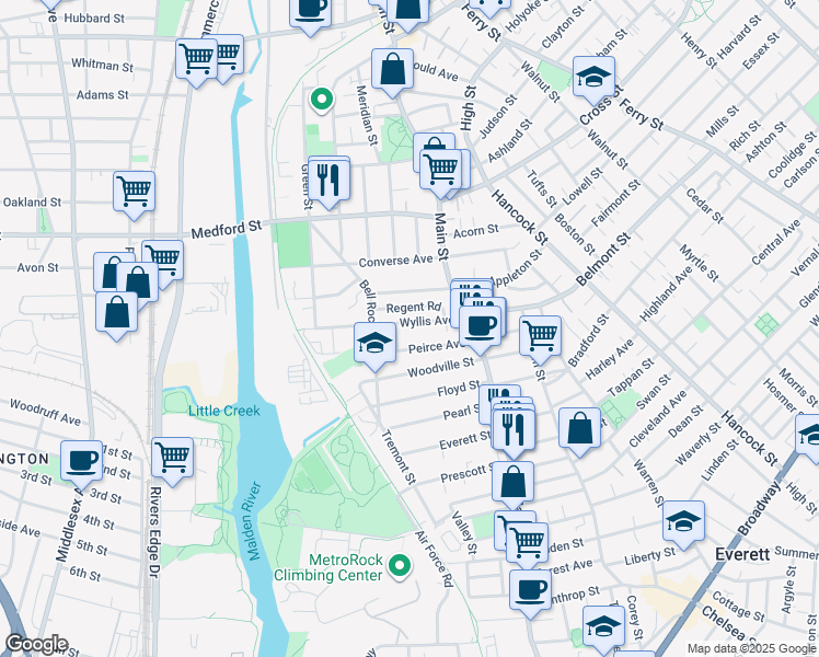 map of restaurants, bars, coffee shops, grocery stores, and more near 50 Regent Road in Malden
