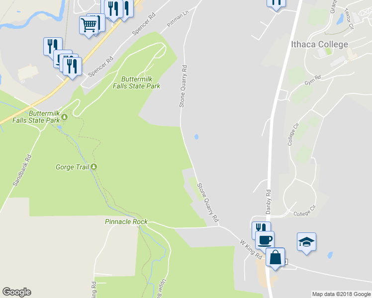 map of restaurants, bars, coffee shops, grocery stores, and more near 346 Stone Quarry Road in Ithaca