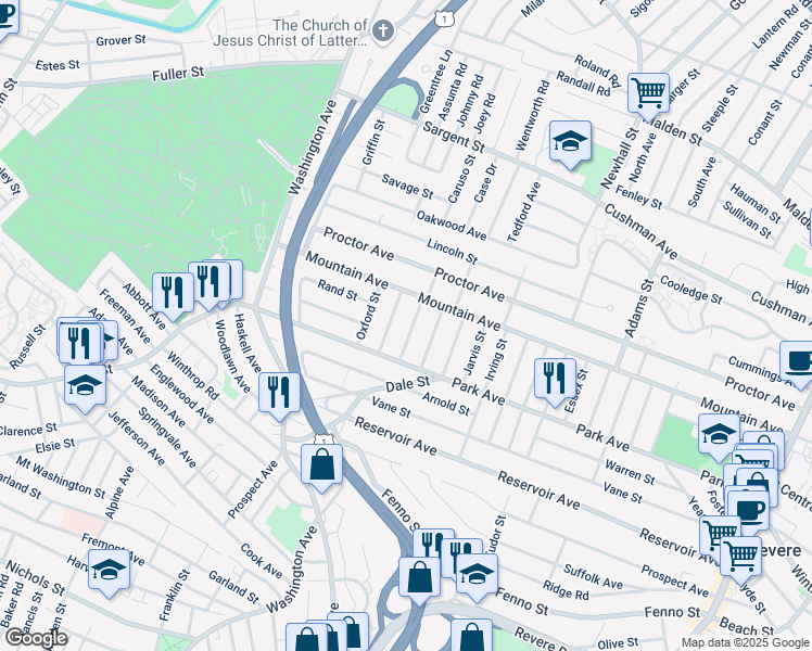 map of restaurants, bars, coffee shops, grocery stores, and more near 52 Madison Street in Revere