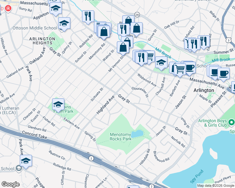 map of restaurants, bars, coffee shops, grocery stores, and more near 78 Highland Avenue in Arlington