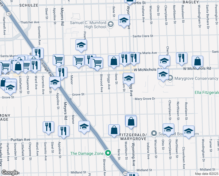 map of restaurants, bars, coffee shops, grocery stores, and more near 16835 Griggs Street in Detroit