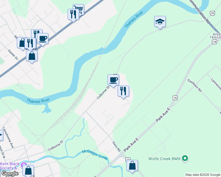 map of restaurants, bars, coffee shops, grocery stores, and more near 410 Colborne Street in Chatham