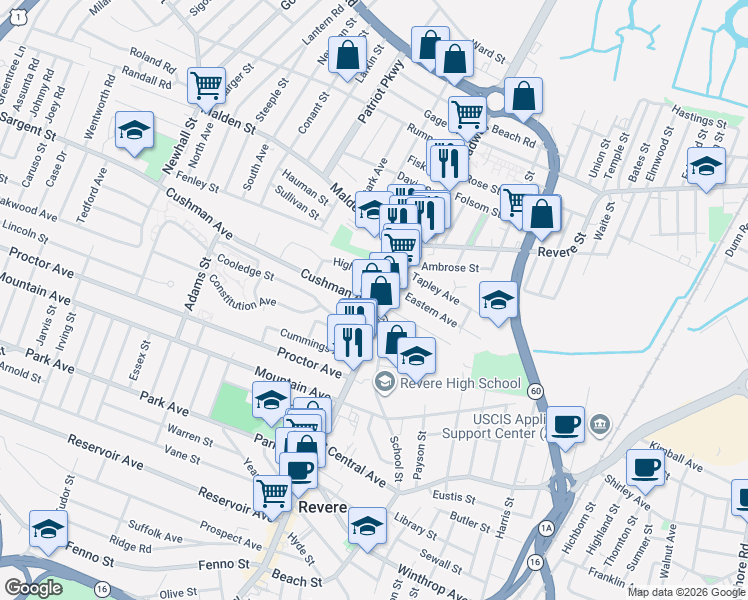 map of restaurants, bars, coffee shops, grocery stores, and more near 2 High Street in Revere