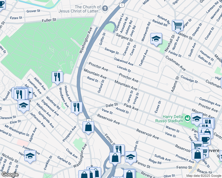 map of restaurants, bars, coffee shops, grocery stores, and more near 52 Madison Street in Revere