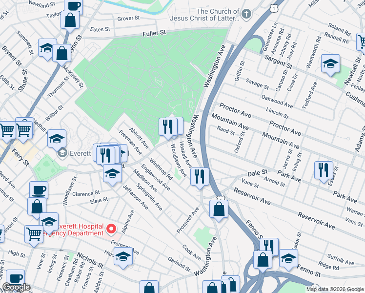 map of restaurants, bars, coffee shops, grocery stores, and more near 127 Washington Avenue in Revere