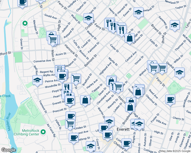 map of restaurants, bars, coffee shops, grocery stores, and more near 185 Hancock Street in Everett