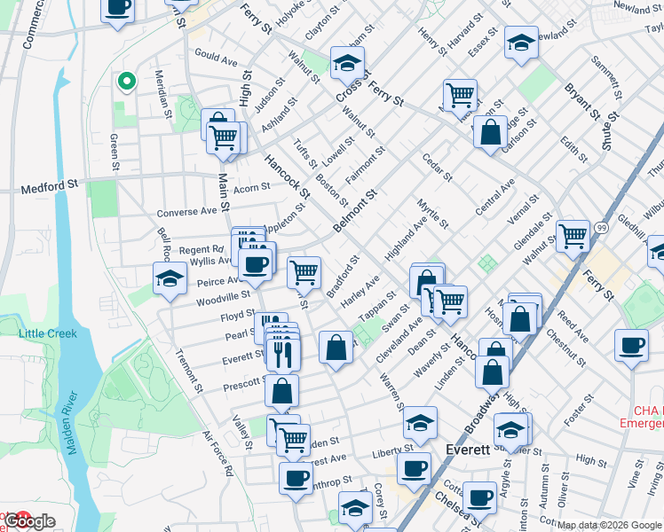 map of restaurants, bars, coffee shops, grocery stores, and more near 116 Bradford Street in Everett