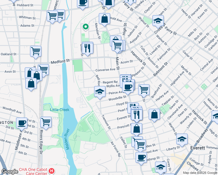 map of restaurants, bars, coffee shops, grocery stores, and more near 50 Regent Road in Malden