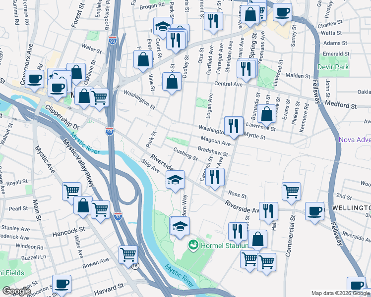 map of restaurants, bars, coffee shops, grocery stores, and more near 49 Pembroke Street in Medford