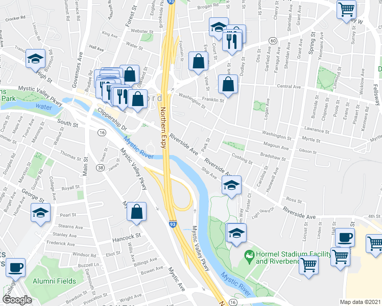 map of restaurants, bars, coffee shops, grocery stores, and more near 5 Cudworth Street in Medford