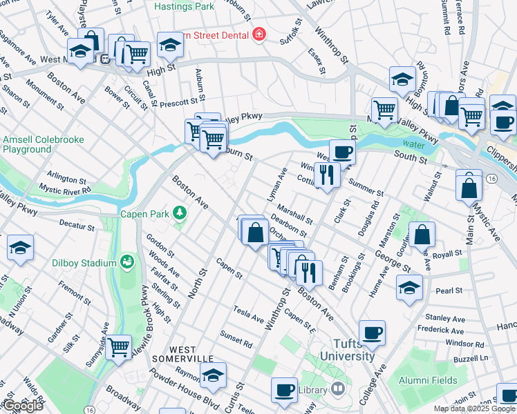map of restaurants, bars, coffee shops, grocery stores, and more near 76 Marshall Street in Medford