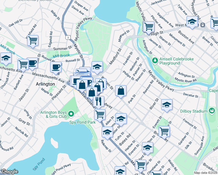 map of restaurants, bars, coffee shops, grocery stores, and more near 71 Franklin Street in Arlington
