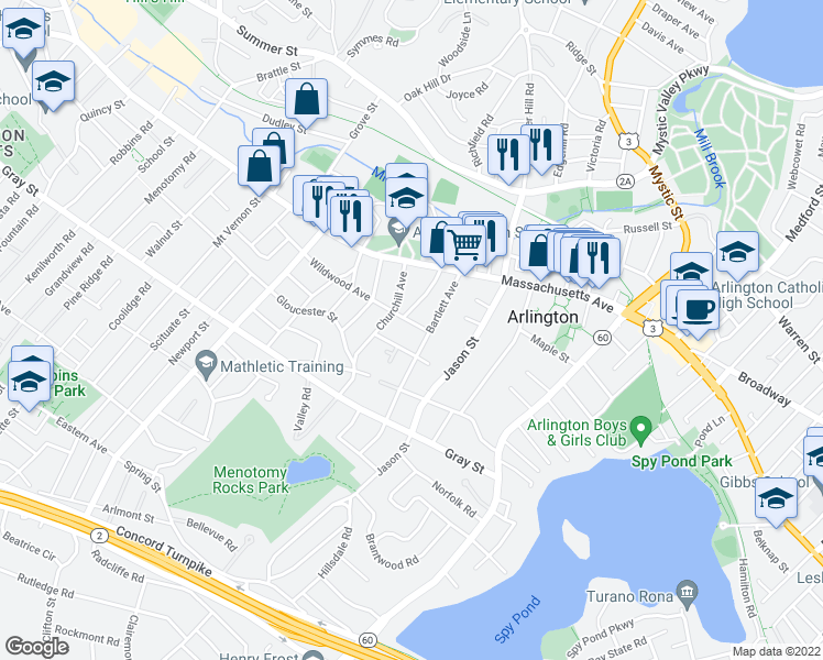 map of restaurants, bars, coffee shops, grocery stores, and more near 19 Wildwood Avenue in Arlington