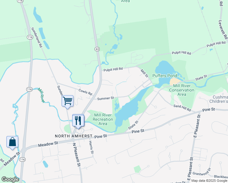 map of restaurants, bars, coffee shops, grocery stores, and more near 35 Ball Lane in Amherst