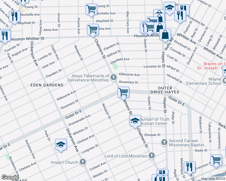 map of restaurants, bars, coffee shops, grocery stores, and more near 14294 Rosemary Street in Detroit