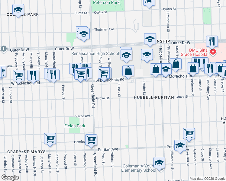 map of restaurants, bars, coffee shops, grocery stores, and more near 16885 Sussex Street in Detroit