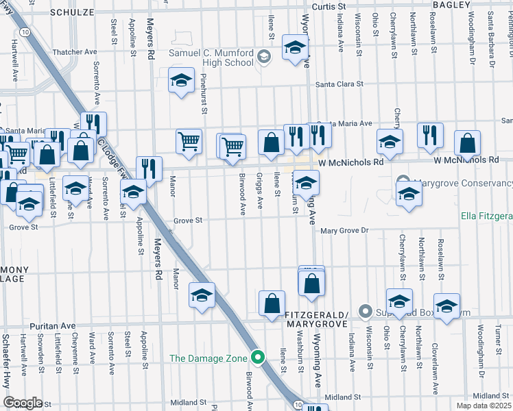 map of restaurants, bars, coffee shops, grocery stores, and more near 16833 Griggs Street in Detroit