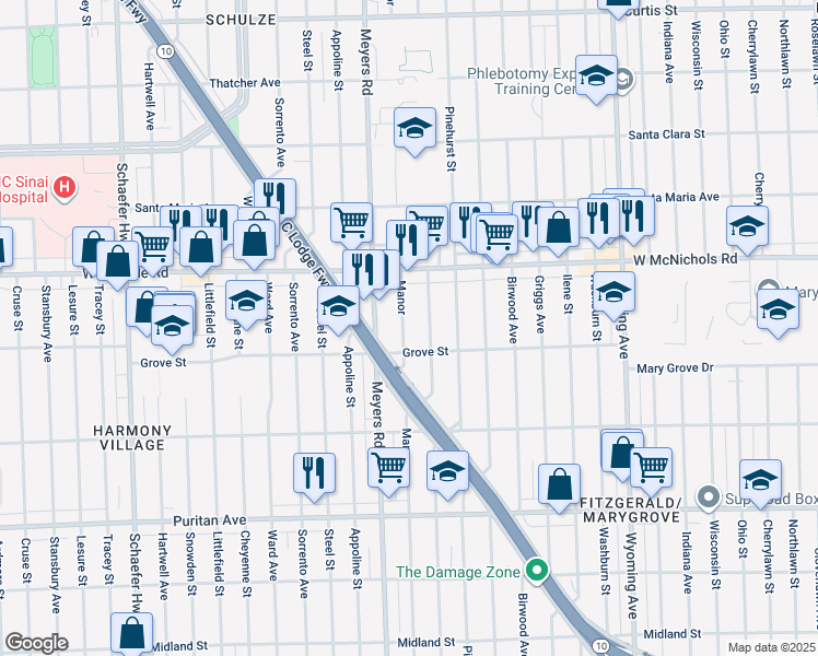map of restaurants, bars, coffee shops, grocery stores, and more near 16846 Manor in Detroit