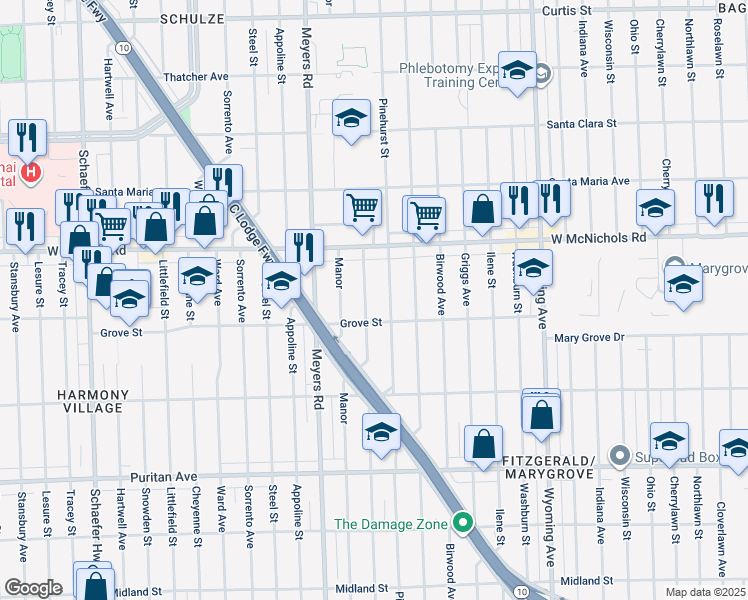 map of restaurants, bars, coffee shops, grocery stores, and more near 16880 Monte Vista Street in Detroit