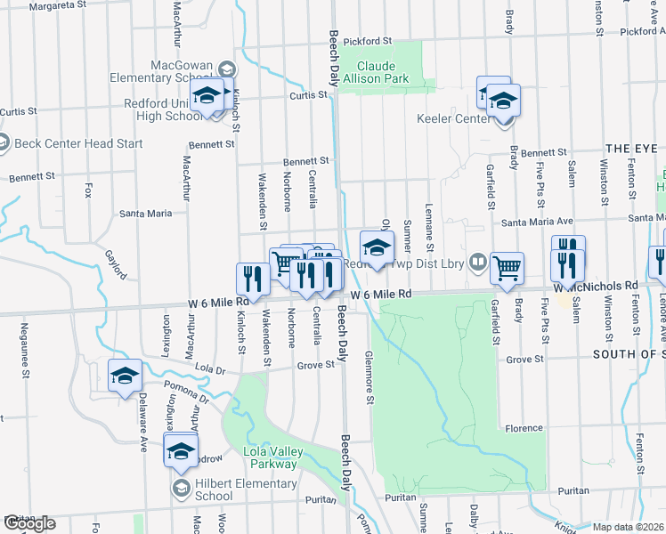 map of restaurants, bars, coffee shops, grocery stores, and more near 17181 Beech Daly in Redford Charter Township