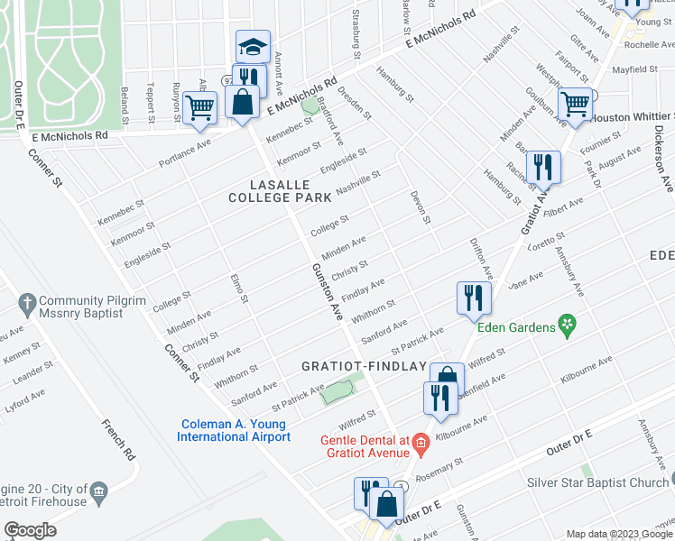 map of restaurants, bars, coffee shops, grocery stores, and more near 11737 Christy Street in Detroit