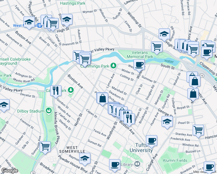 map of restaurants, bars, coffee shops, grocery stores, and more near 50 Lyman Avenue in Medford