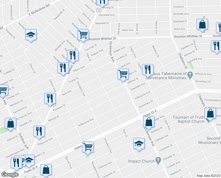 map of restaurants, bars, coffee shops, grocery stores, and more near 12735 Wilfred Street in Detroit