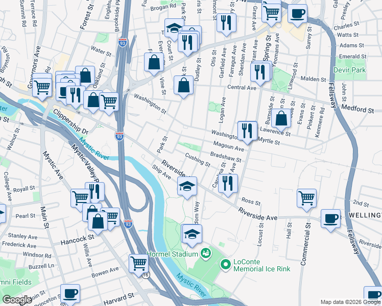 map of restaurants, bars, coffee shops, grocery stores, and more near 12 Cushing Street in Medford